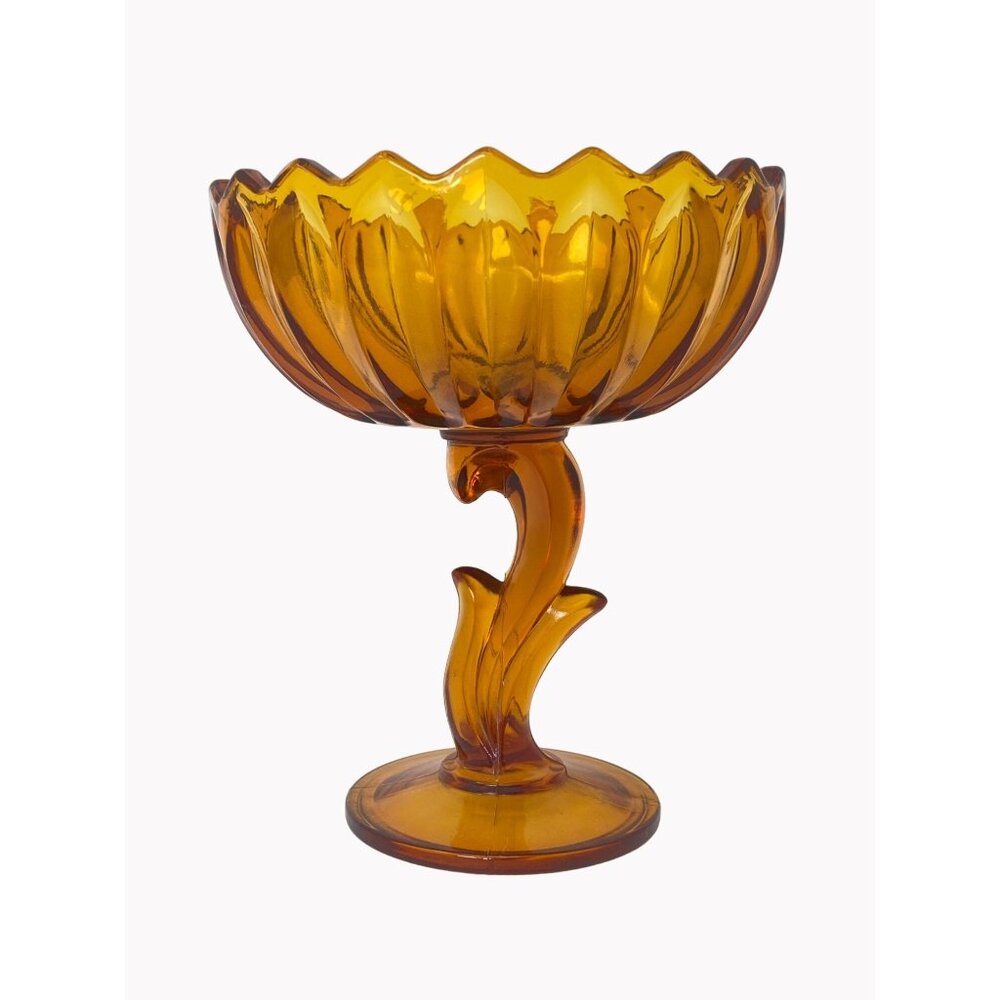 Vintage MCM 7" Indiana Amber Glass Lotus Blossom Pedestal Compote Candy Dish